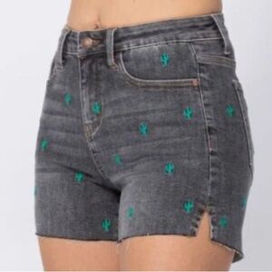 Judy Blue Jean Shorts Cactus Embroidered Dark wash High Waist Cut Off Sz XL